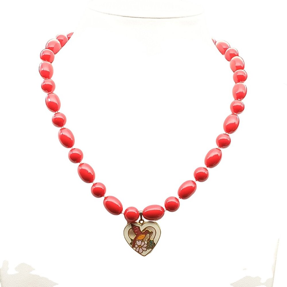 Vintage Red Beaded Necklace with Cloisonne Heart Pendant & Bird Design